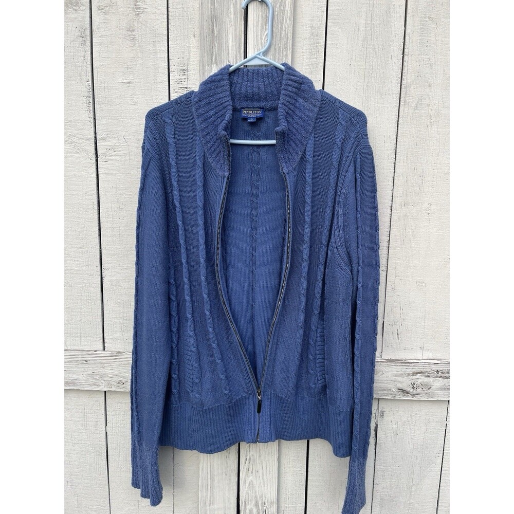 Vintage Pendleton Full Zip Cotton Cable Knit Sweater Blue Womens XL